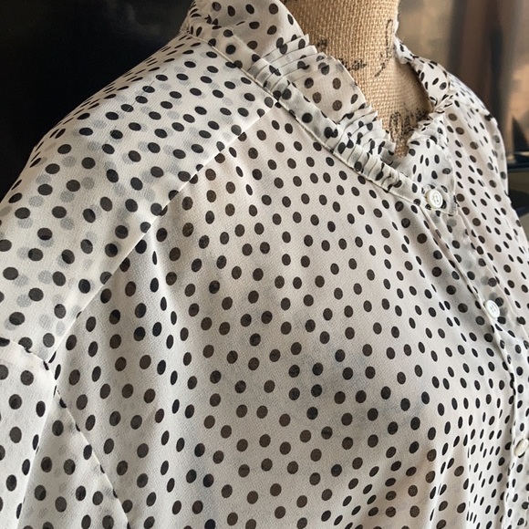 Zara oversized white sheer blouse black polka dots high ruffle neck button down - Picture 5 of 15